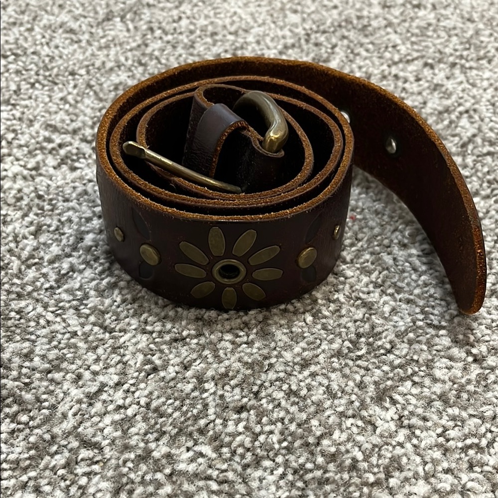 Brown Leather Belt with Brass Accents